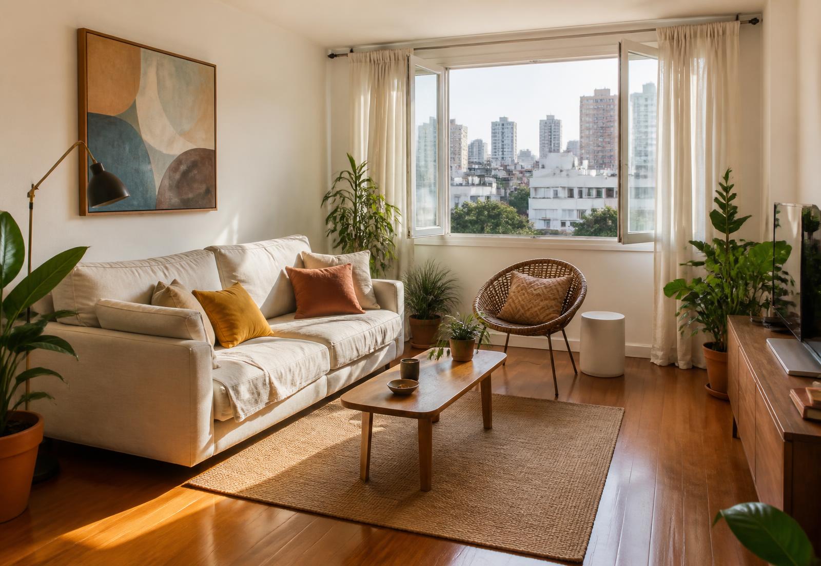 Sala de apartamento com luz natural, plantas e móveis de madeira em São Paulo